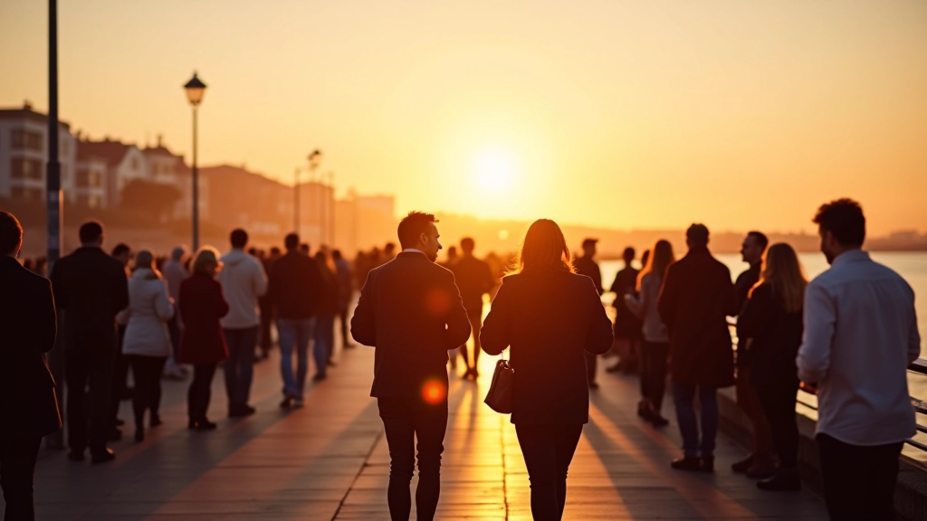 Sunset view of Dún Laoghaire pier with people gathered outdoors near the water during an evening event