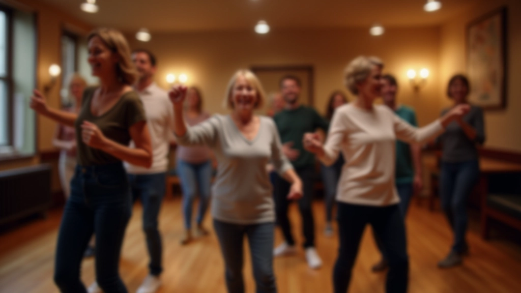 Mature dancers enjoying a social evening in a welcoming dance space with warm lighting and community atmosphere