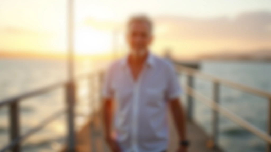 Person wearing casual summer clothing standing on pier with confident posture, sea breeze in hair, evening light