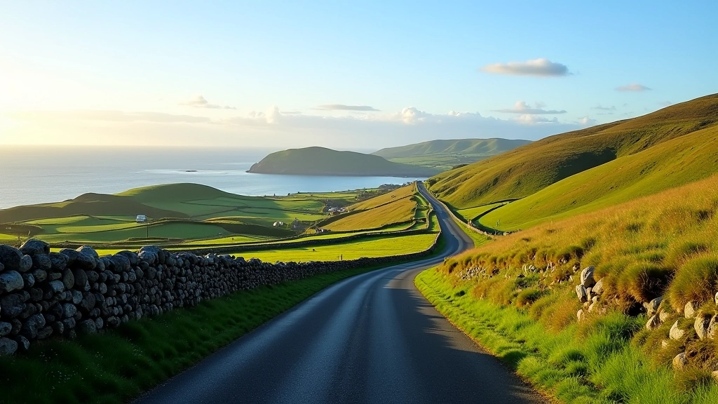 Scenic Irish coastal road with rolling hills, stone walls, and sea view, showing the drive between dance towns